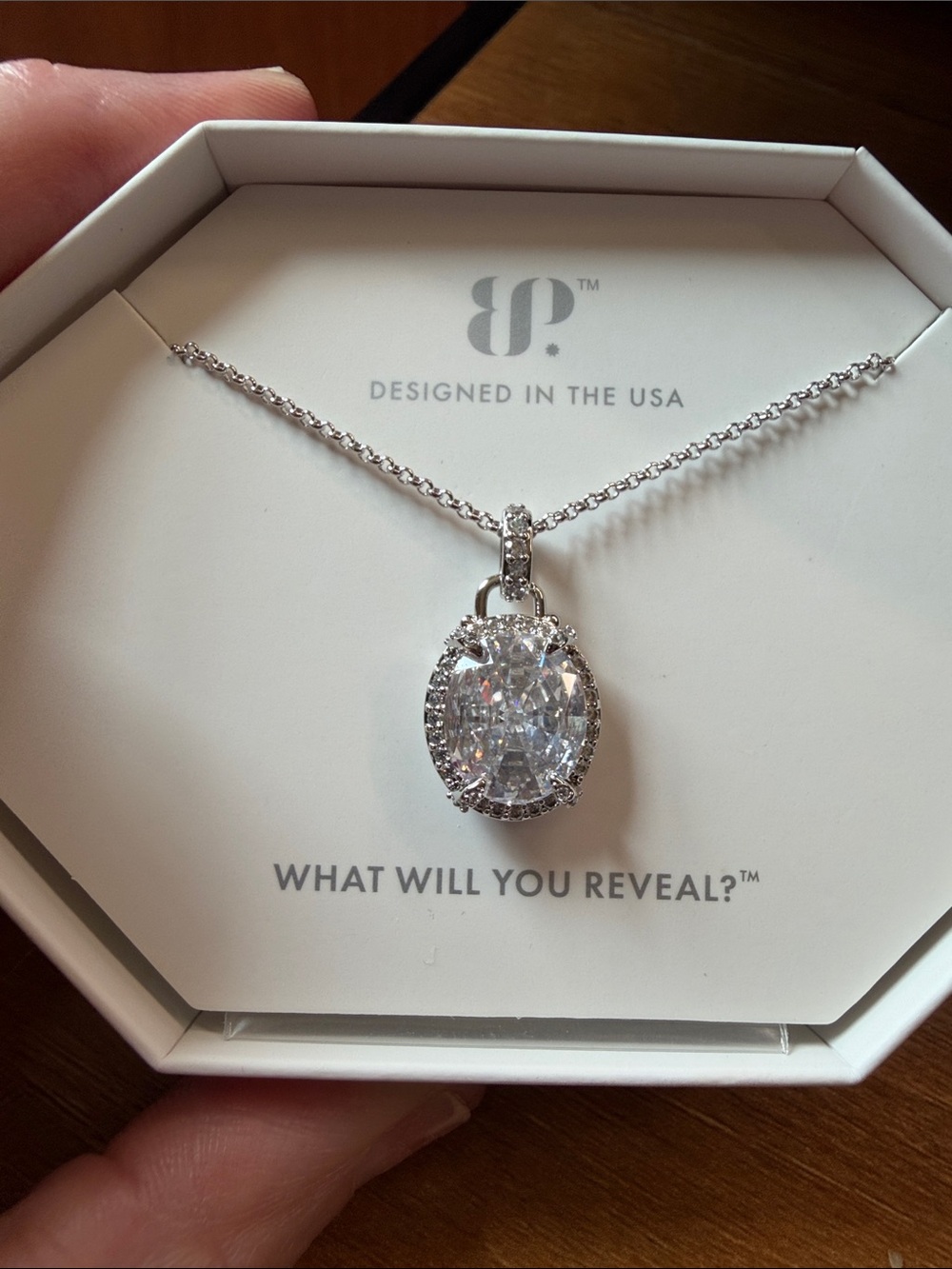 Oval Halo Pendant Necklace in Silver with Clear Crystal